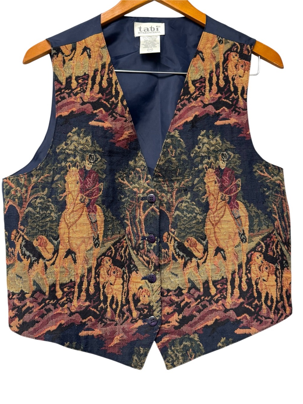 Tabi Vintage Tapestry Horse Equestrian Scene Vest in Navy & Gold